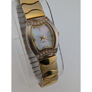 MOP Dial Watch Women 19mm Gold Silver Two Tone Crystals Stretch Band New Battery